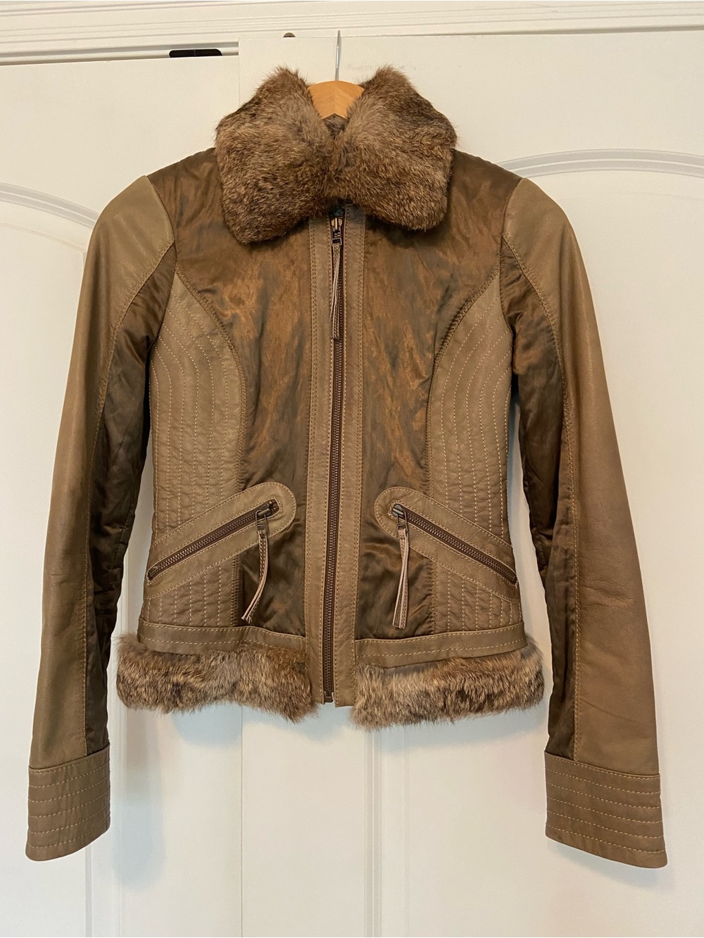 Vintage Y2K Caché Goat Leather Rabbit Fur Cropped Aviator Jacket Size 0 Moto